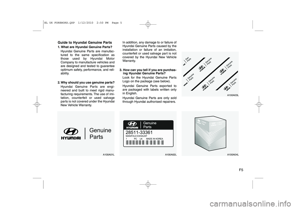 HYUNDAI IX35 2012  Owners Manual F5
Guide to Hyundai Genuine Parts 
1. What are Hyundai Genuine Parts?
Hyundai Genuine Parts are manufac- tured to the same specification as
those used by Hyundai Motor
Company to manufacture vehicles 