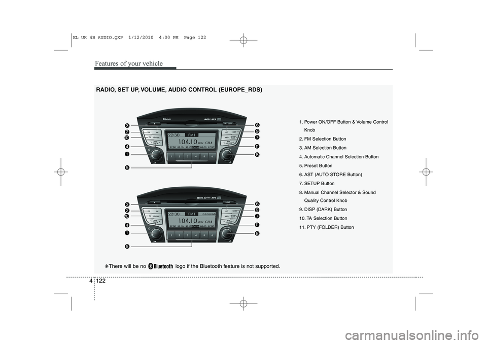 HYUNDAI IX35 2012  Owners Manual Features of your vehicle
122
4
RADIO, SET UP, VOLUME, AUDIO CONTROL (EUROPE_RDS)
1. Power ON/OFF Button & Volume ControlKnob
2. FM Selection Button 
3. AM Selection Button
4. Automatic Channel Selecti