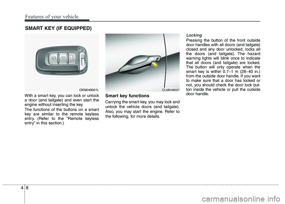 HYUNDAI IX35 2012  Owners Manual Features of your vehicle
8
4
With a smart key, you can lock or unlock 
a door (and tailgate) and even start the
engine without inserting the key. 
The functions of the buttons on a smart 
key are simi