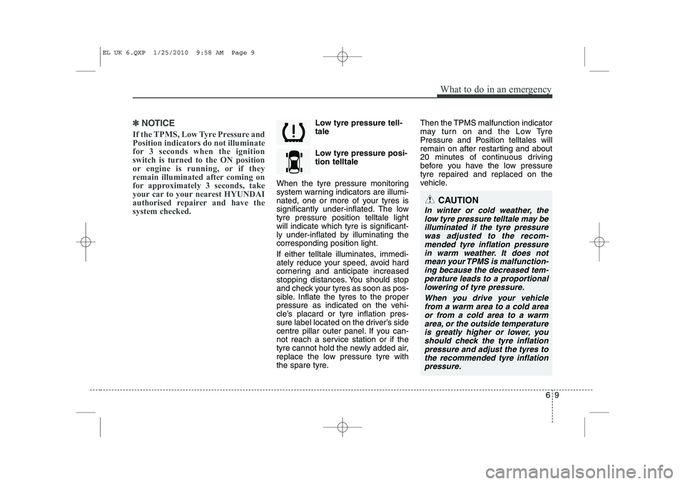 HYUNDAI IX35 2010  Owners Manual 69
What to do in an emergency
✽✽NOTICE
If the TPMS, Low Tyre Pressure and Position indicators do not illuminate
for 3 seconds when the ignitionswitch is turned to the ON position
or engine is runn