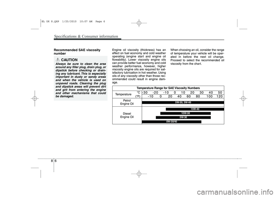 HYUNDAI IX35 2010 Owners Manual Specifications & Consumer information
6
8
Recommended SAE viscosity
number Engine oil viscosity (thickness) has an
effect on fuel economy and cold weather
operating (engine start and engine oil
f HYUNDAI IX35 2010 Owners Manual Specifications & Consumer information
6
8
Recommended SAE viscosity
number Engine oil viscosity (thickness) has an
effect on fuel economy and cold weather
operating (engine start and engine oil
f