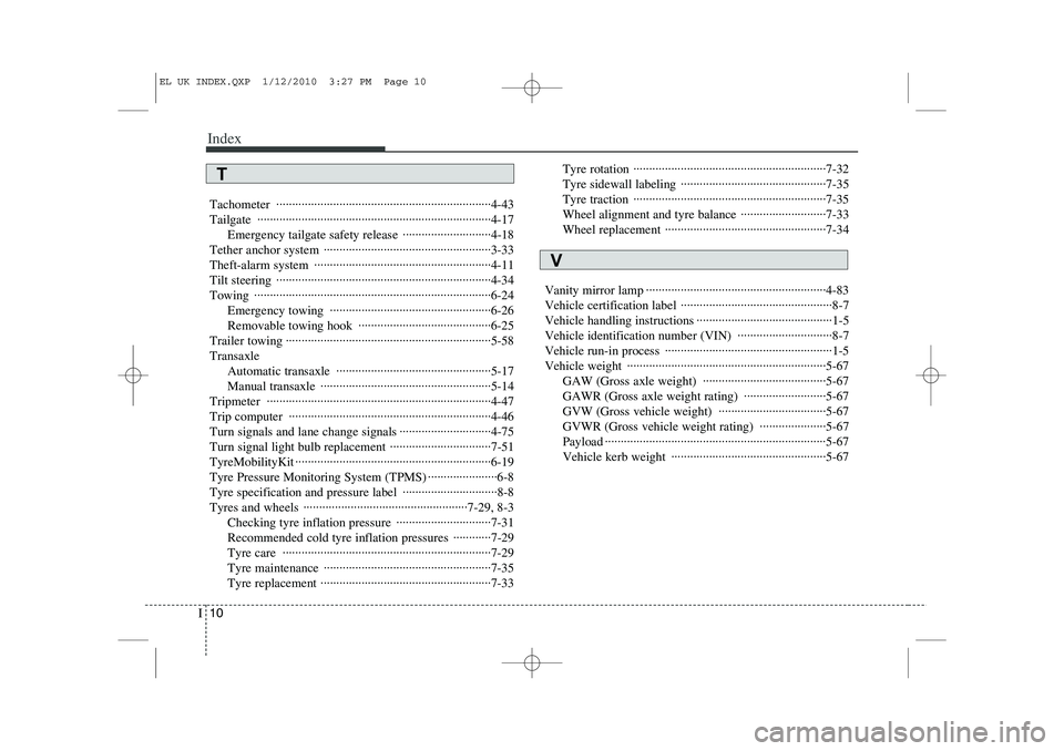 HYUNDAI IX35 2010  Owners Manual Index
10
I
Tachometer ····································································4-43 Tailgate ··············