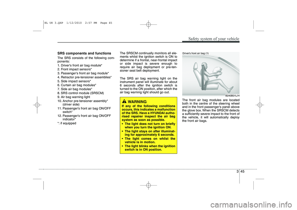 HYUNDAI IX35 2010  Owners Manual 345
Safety system of your vehicle
SRS components and functions 
The SRS consists of the following com- ponents: 
1. Drivers front air bag module*
2. Front impact sensors*
3. Passengers front air bag