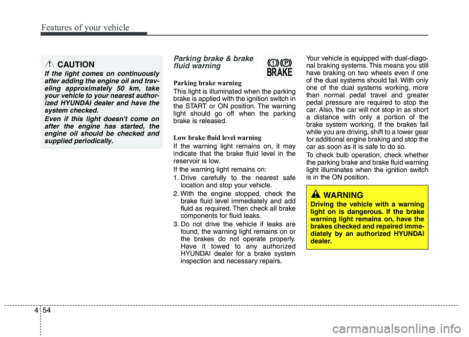 HYUNDAI IX35 2011  Owners Manual Features of your vehicle
54
4
Parking brake & brake
fluid warning 
Parking brake warning  
This light is illuminated when the parking 
brake is applied with the ignition switch in
the START or ON posi