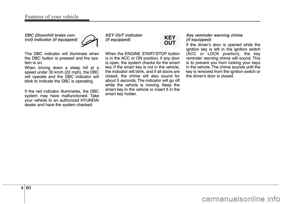 HYUNDAI IX35 2011 Owners Manual Features of your vehicle
60
4
DBC (Downhill brake con-
trol) indicator (if equipped)
The DBC indicator will illuminate when
the DBC button is pressed and the sys-tem is on.
When driving down a steep HYUNDAI IX35 2011 Owners Manual Features of your vehicle
60
4
DBC (Downhill brake con-
trol) indicator (if equipped)
The DBC indicator will illuminate when
the DBC button is pressed and the sys-tem is on.
When driving down a steep