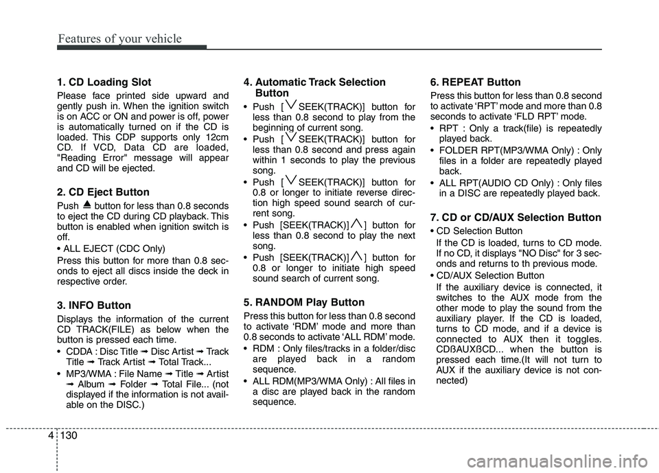 HYUNDAI IX35 2011 Owners Manual Features of your vehicle
130
4
1. CD Loading Slot
Please face printed side upward and
gently push in. When the ignition switch
is on ACC or ON and power is off, power
is automatically turned on if t HYUNDAI IX35 2011 Owners Manual Features of your vehicle
130
4
1. CD Loading Slot
Please face printed side upward and
gently push in. When the ignition switch
is on ACC or ON and power is off, power
is automatically turned on if t
