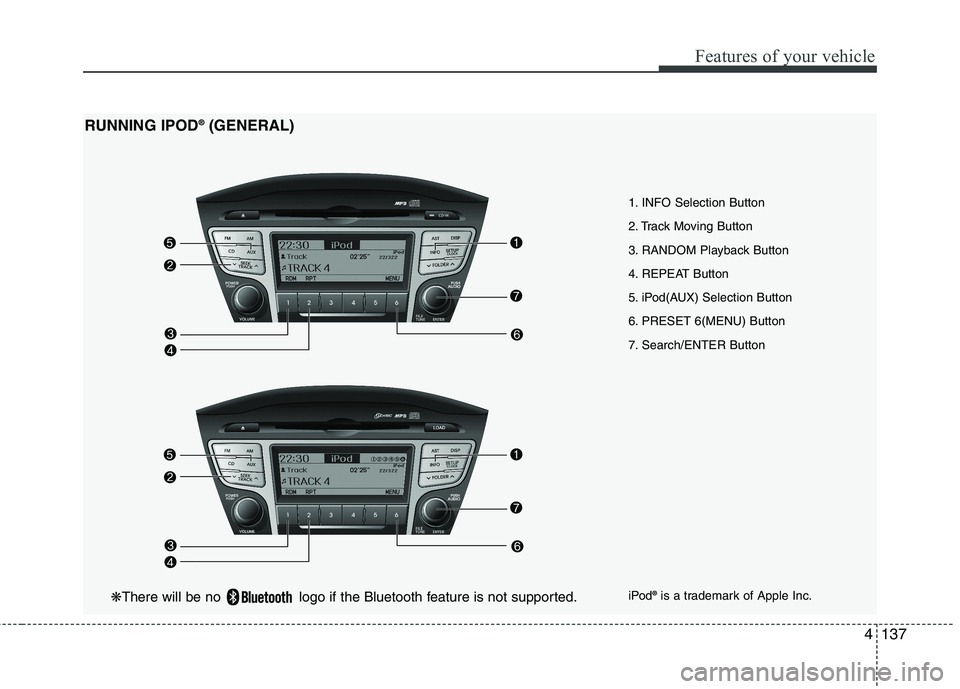 HYUNDAI IX35 2011 Owners Manual 4137
Features of your vehicle
1. INFO Selection Button
2. Track Moving Button
3. RANDOM Playback Button
4. REPEAT Button
5. iPod(AUX) Selection Button
6. PRESET 6(MENU) Button
7. Search/ENTER Button
HYUNDAI IX35 2011 Owners Manual 4137
Features of your vehicle
1. INFO Selection Button
2. Track Moving Button
3. RANDOM Playback Button
4. REPEAT Button
5. iPod(AUX) Selection Button
6. PRESET 6(MENU) Button
7. Search/ENTER Button
