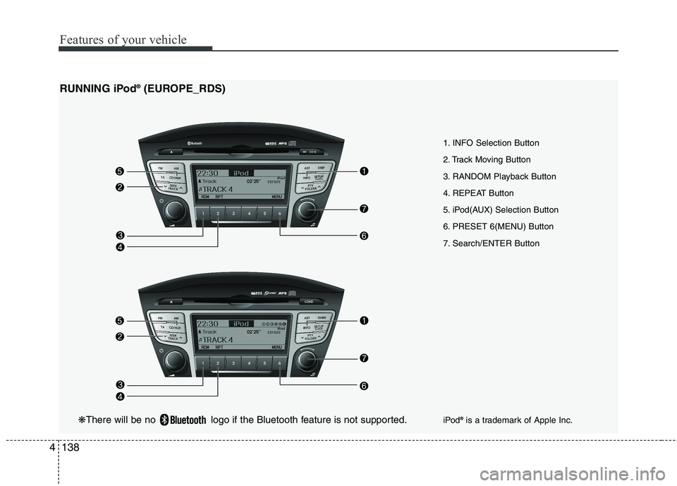 HYUNDAI IX35 2011 Owners Manual Features of your vehicle
138
4
1. INFO Selection Button
2. Track Moving Button
3. RANDOM Playback Button
4. REPEAT Button
5. iPod(AUX) Selection Button
6. PRESET 6(MENU) Button
7. Search/ENTER Button HYUNDAI IX35 2011 Owners Manual Features of your vehicle
138
4
1. INFO Selection Button
2. Track Moving Button
3. RANDOM Playback Button
4. REPEAT Button
5. iPod(AUX) Selection Button
6. PRESET 6(MENU) Button
7. Search/ENTER Button