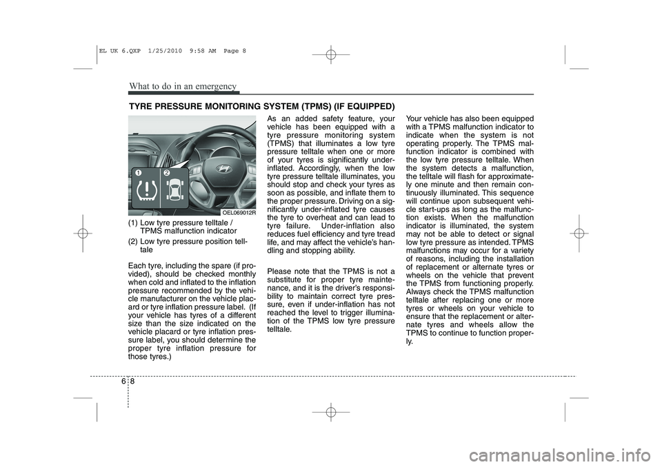 HYUNDAI IX35 2011 Owners Manual What to do in an emergency
8
6
TYRE PRESSURE MONITORING SYSTEM (TPMS) (IF EQUIPPED)
(1) Low tyre pressure telltale / TPMS malfunction indicator
(2) Low tyre pressure position tell- tale
Each tyre, in HYUNDAI IX35 2011 Owners Manual What to do in an emergency
8
6
TYRE PRESSURE MONITORING SYSTEM (TPMS) (IF EQUIPPED)
(1) Low tyre pressure telltale / TPMS malfunction indicator
(2) Low tyre pressure position tell- tale
Each tyre, in