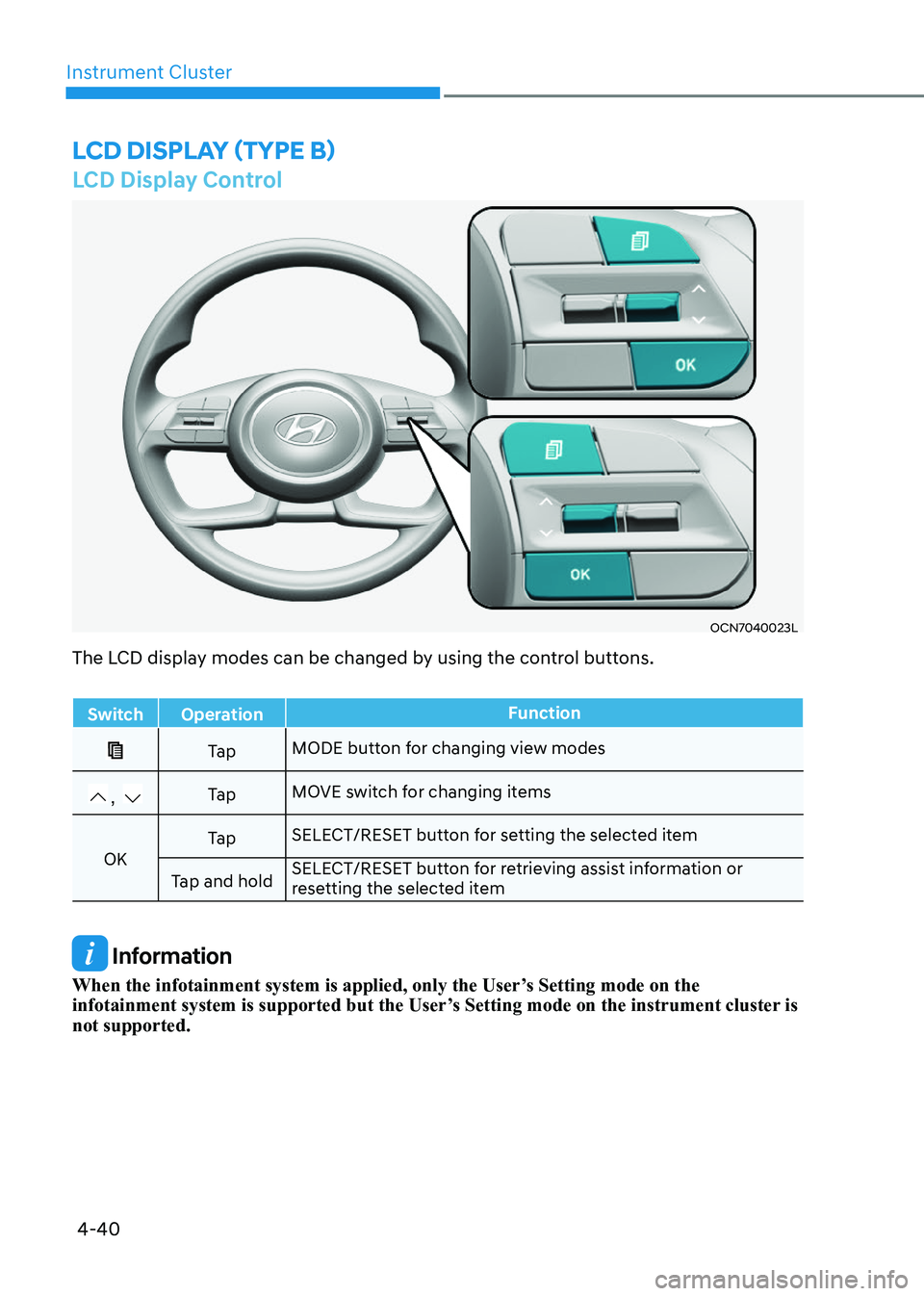 HYUNDAI ELANTRA HYBRID 2022 Owners Manual 4-40
Instrument Cluster
LCD Display Control
OCN7040023L
Information
When the infotainment system is applied, only the User’s Setting mode on the
infotainment system is supported but the User’s HYUNDAI ELANTRA HYBRID 2022 Owners Manual 4-40
Instrument Cluster
LCD Display Control
OCN7040023L
Information
When the infotainment system is applied, only the User’s Setting mode on the
infotainment system is supported but the User’s