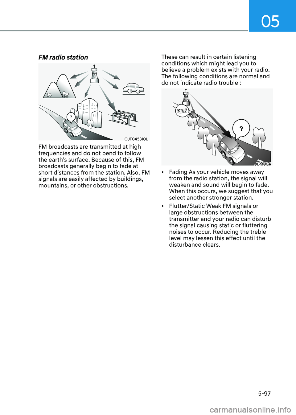 HYUNDAI ELANTRA HYBRID 2022 Owners Manual 05
5-97
FM radio station
OJF045310L
FM broadcasts are transmitted at high
frequencies and do not bend to follow
the earth’s surface. Because of this, FM
broadcasts generally begin to fade at
sh HYUNDAI ELANTRA HYBRID 2022 Owners Manual 05
5-97
FM radio station
OJF045310L
FM broadcasts are transmitted at high
frequencies and do not bend to follow
the earth’s surface. Because of this, FM
broadcasts generally begin to fade at
sh