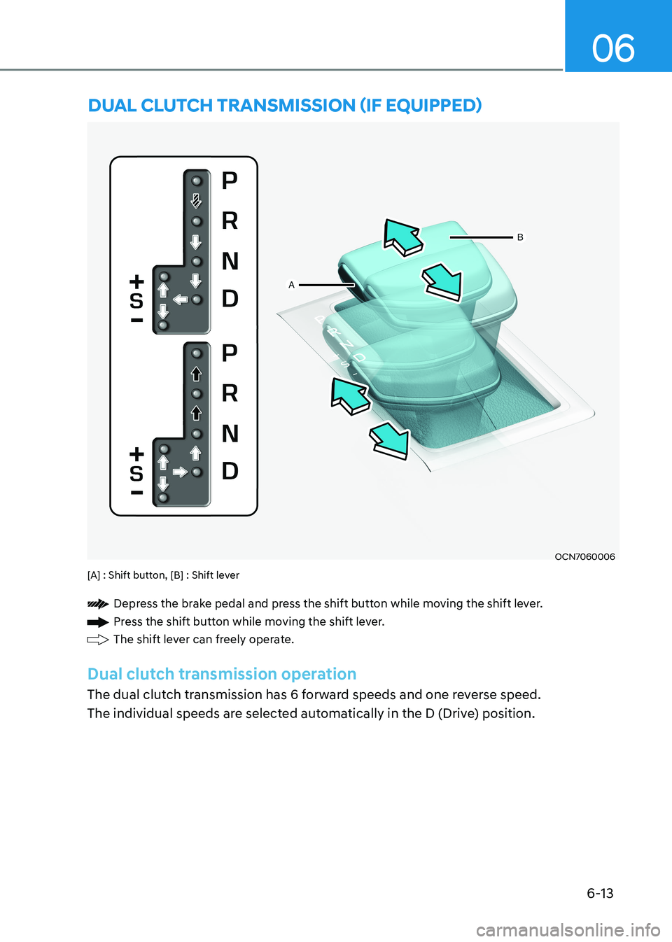 HYUNDAI ELANTRA HYBRID 2022  Owners Manual 06
6-13
OCN7060006
[A] : Shift button, [B] : Shift lever 
Depress the brake pedal and press the shift button while moving the shift lever.
Press the shift button while moving the shift lever.
The shif
