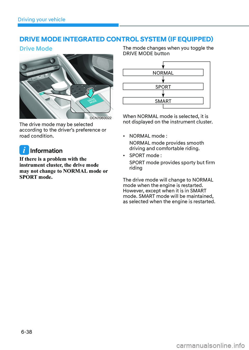 HYUNDAI ELANTRA HYBRID 2022 Owners Manual Driving your vehicle
6-38
Drive moDe integrateD control system (if equippeD)
Drive Mode
OCN7060022
The drive mode may be selected
according to the driver’s preference or
road condition.
Inform HYUNDAI ELANTRA HYBRID 2022 Owners Manual Driving your vehicle
6-38
Drive moDe integrateD control system (if equippeD)
Drive Mode
OCN7060022
The drive mode may be selected
according to the driver’s preference or
road condition.
Inform