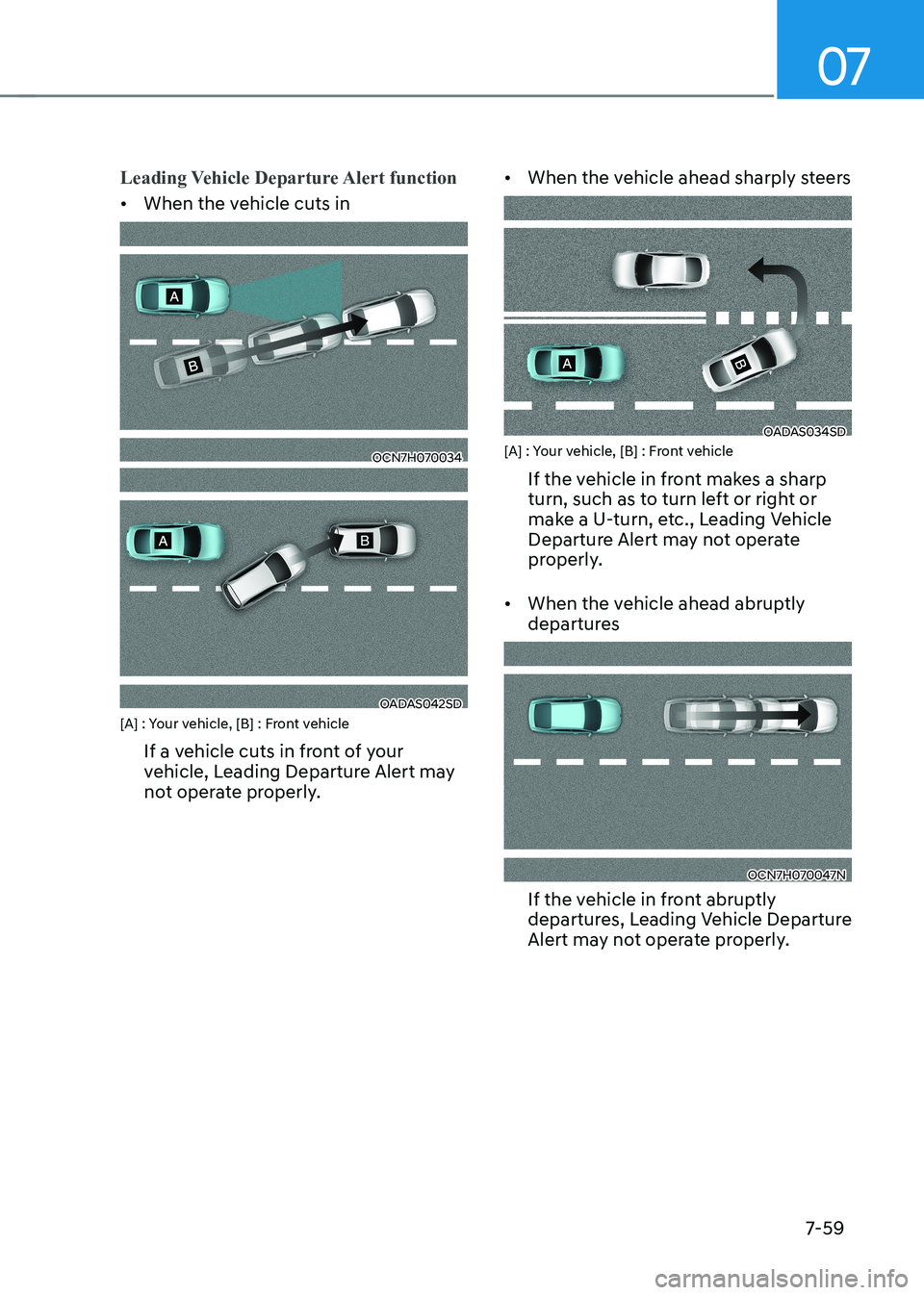 HYUNDAI ELANTRA HYBRID 2022  Owners Manual 07
7-59
Leading Vehicle Departure Alert function
•	When the vehicle cuts in
OCN7H070034
OADAS042SD
[A] : Your vehicle, [B] : Front vehicle
If a vehicle cuts in front of your  
vehicle, Leading Depar