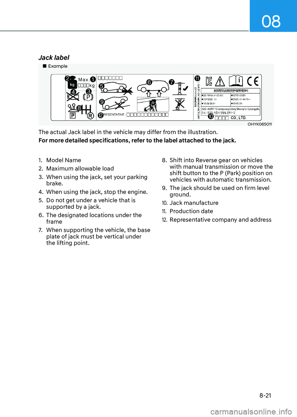 HYUNDAI ELANTRA HYBRID 2022 Owners Manual 08
8-21
1. Model Name
2. Maximum allowable load
3. When using the jack, set your parking
brake.
4. When using the jack, stop the engine.
5. Do not get under a vehicle that is supported by a ja HYUNDAI ELANTRA HYBRID 2022 Owners Manual 08
8-21
1. Model Name
2. Maximum allowable load
3. When using the jack, set your parking
brake.
4. When using the jack, stop the engine.
5. Do not get under a vehicle that is supported by a ja
