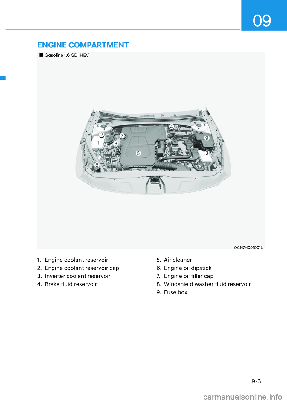 HYUNDAI ELANTRA HYBRID 2022 Owners Manual 9-3
09
1. Engine coolant reservoir
2. Engine coolant reservoir cap
3. Inverter coolant reservoir
4. Brake fluid reservoir5. Air cleaner
6. Engine oil dipstick
7. Engine oil filler cap
8. W HYUNDAI ELANTRA HYBRID 2022 Owners Manual 9-3
09
1. Engine coolant reservoir
2. Engine coolant reservoir cap
3. Inverter coolant reservoir
4. Brake fluid reservoir5. Air cleaner
6. Engine oil dipstick
7. Engine oil filler cap
8. W