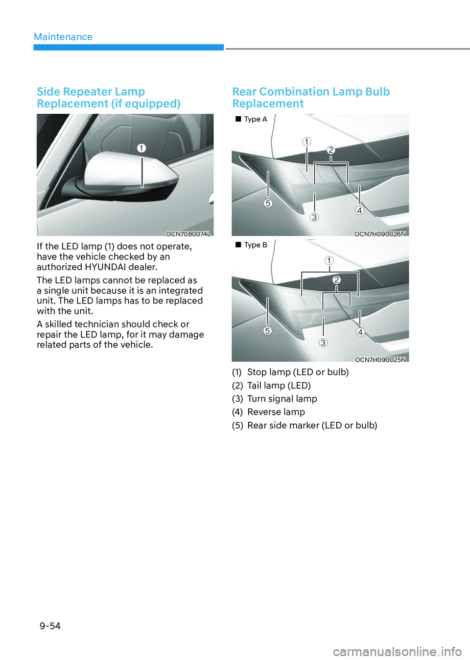 HYUNDAI ELANTRA HYBRID 2022 Owners Manual Maintenance
9-54
Side Repeater Lamp
Replacement (if equipped)
OCN7080074LOCN7080074L
If the LED lamp (1) does not operate,
have the vehicle checked by an
authorized HYUNDAI dealer.
The LED lamps HYUNDAI ELANTRA HYBRID 2022 Owners Manual Maintenance
9-54
Side Repeater Lamp
Replacement (if equipped)
OCN7080074LOCN7080074L
If the LED lamp (1) does not operate,
have the vehicle checked by an
authorized HYUNDAI dealer.
The LED lamps