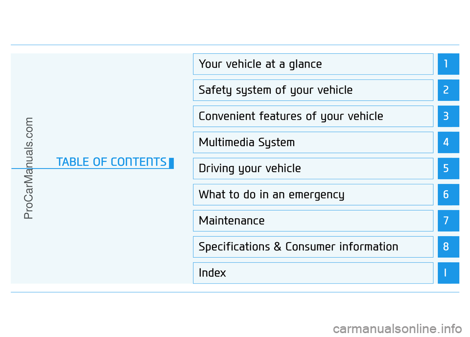 HYUNDAI COUPE 2014 User Guide 1
2
3
4
5
6
7
8
I
Your vehicle at a glance
Safety system of your vehicle
Convenient features of your vehicle
Multimedia System
Driving your vehicle
What to do in an emergency
Maintenance
Specification HYUNDAI COUPE 2014 User Guide 1
2
3
4
5
6
7
8
I
Your vehicle at a glance
Safety system of your vehicle
Convenient features of your vehicle
Multimedia System
Driving your vehicle
What to do in an emergency
Maintenance
Specification