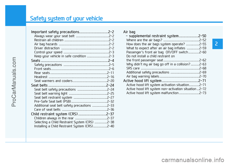 HYUNDAI COUPE 2014  Owners Manual Safety system of your vehicle
2
Important safety precautions...............................2-2
Always wear your seat belt  ..........................................2-2
Restrain all children .........