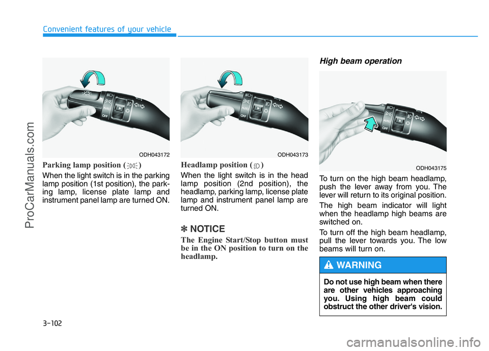 HYUNDAI COUPE 2014 Owners Manual 3-102
Convenient features of your vehicle
Parking lamp position ( )
When the light switch is in the parking
lamp position (1st position), the park-
ing lamp, license plate lamp and
instrument panel la HYUNDAI COUPE 2014 Owners Manual 3-102
Convenient features of your vehicle
Parking lamp position ( )
When the light switch is in the parking
lamp position (1st position), the park-
ing lamp, license plate lamp and
instrument panel la