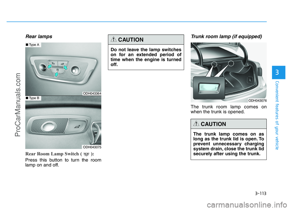 HYUNDAI COUPE 2014 Owners Manual 3-113
Convenient features of your vehicle
3
Rear lamps
Rear Room Lamp Switch ( ):
Press this button to turn the room
lamp on and off.
Trunk room lamp (if equipped)
The trunk room lamp comes on
when t HYUNDAI COUPE 2014 Owners Manual 3-113
Convenient features of your vehicle
3
Rear lamps
Rear Room Lamp Switch ( ):
Press this button to turn the room
lamp on and off.
Trunk room lamp (if equipped)
The trunk room lamp comes on
when t
