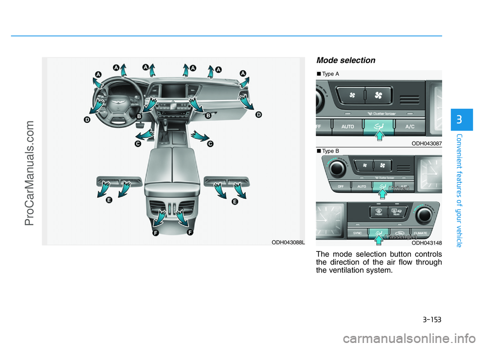 HYUNDAI COUPE 2014 Owners Manual 3-153
Convenient features of your vehicle
3
Mode selection
The mode selection button controls
the direction of the air flow through
the ventilation system.
ODH043088L
ODH043087
ODH043148
■Type A
■ HYUNDAI COUPE 2014 Owners Manual 3-153
Convenient features of your vehicle
3
Mode selection
The mode selection button controls
the direction of the air flow through
the ventilation system.
ODH043088L
ODH043087
ODH043148
■Type A
■