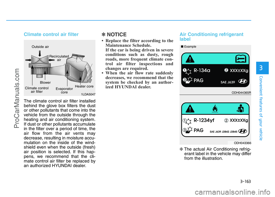 HYUNDAI COUPE 2014  Owners Manual 3-163
Convenient features of your vehicle
3
Climate control air filter 
The climate control air filter installed
behind the glove box filters the dust
or other pollutants that come into the
vehicle fr