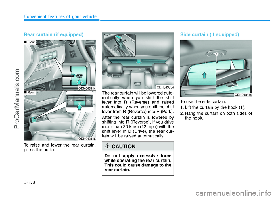 HYUNDAI COUPE 2014 Owners Manual 3-178
Convenient features of your vehicle
Rear curtain (if equipped)
To raise and lower the rear curtain,
press the button.The rear curtain will be lowered auto-
matically when you shift the shift
lev HYUNDAI COUPE 2014 Owners Manual 3-178
Convenient features of your vehicle
Rear curtain (if equipped)
To raise and lower the rear curtain,
press the button.The rear curtain will be lowered auto-
matically when you shift the shift
lev