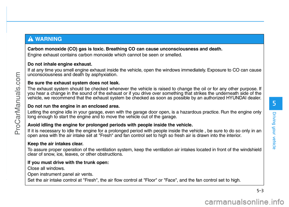 HYUNDAI COUPE 2014  Owners Manual 5-3
Driving your vehicle
5
Carbon monoxide (CO) gas is toxic. Breathing CO can cause unconsciousness and death.
Engine exhaust contains carbon monoxide which cannot be seen or smelled.
Do not inhale e