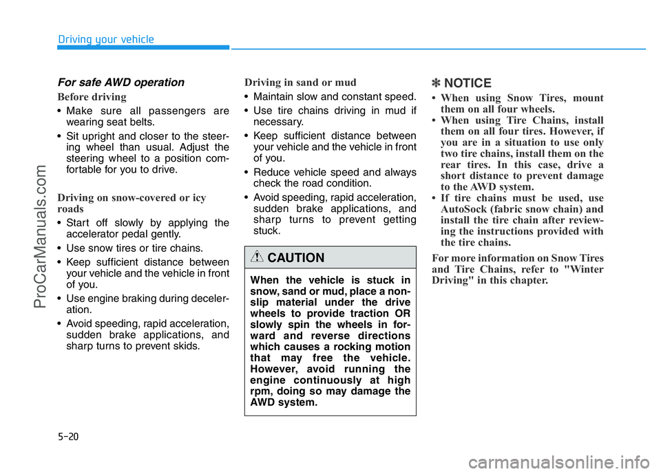 HYUNDAI COUPE 2014  Owners Manual 5-20
Driving your vehicle
For safe AWD operation
Before driving
• Make sure all passengers are
wearing seat belts.
• Sit upright and closer to the steer-
ing wheel than usual. Adjust the
steering 