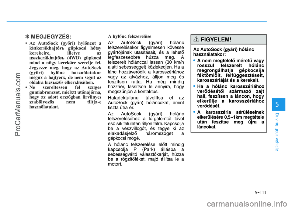 HYUNDAI COUPE 2014 Owners Manual 5-111
Driving your vehicle
5
✽MEGJEGYZÉS:
• Az AutoSock (gyбri) hуlбncot a
kйtkerйkhajtбsъ gйpkocsi hбtsу
kerekeire, illetve az
цsszkerйkhajtбsъ (4WD) gйpkocsi
mind a nйgy kerekй HYUNDAI COUPE 2014 Owners Manual 5-111
Driving your vehicle
5
✽MEGJEGYZÉS:
• Az AutoSock (gyбri) hуlбncot a
kйtkerйkhajtбsъ gйpkocsi hбtsу
kerekeire, illetve az
цsszkerйkhajtбsъ (4WD) gйpkocsi
mind a nйgy kerekй