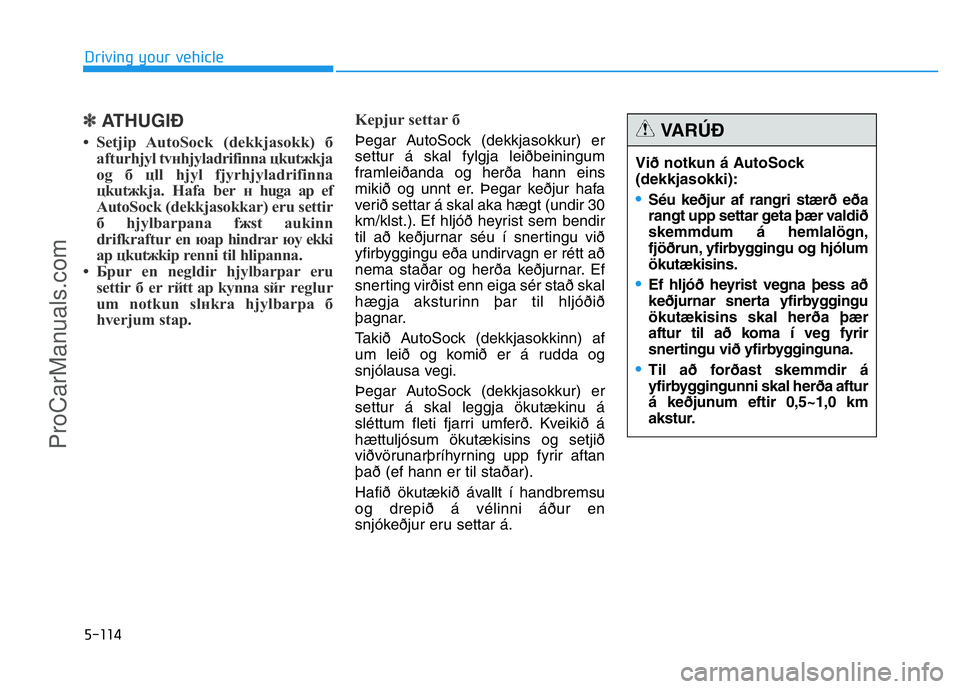 HYUNDAI COUPE 2014 Owners Manual 5-114
Driving your vehicle
✽ATHUGIÐ
• Setjiр AutoSock (dekkjasokk) б
afturhjуl tvнhjуladrifinna цkutжkja
og б цll hjуl fjуrhjуladrifinna
цkutжkja. Hafa ber н huga aр ef
AutoSock ( HYUNDAI COUPE 2014 Owners Manual 5-114
Driving your vehicle
✽ATHUGIÐ
• Setjiр AutoSock (dekkjasokk) б
afturhjуl tvнhjуladrifinna цkutжkja
og б цll hjуl fjуrhjуladrifinna
цkutжkja. Hafa ber н huga aр ef
AutoSock (
