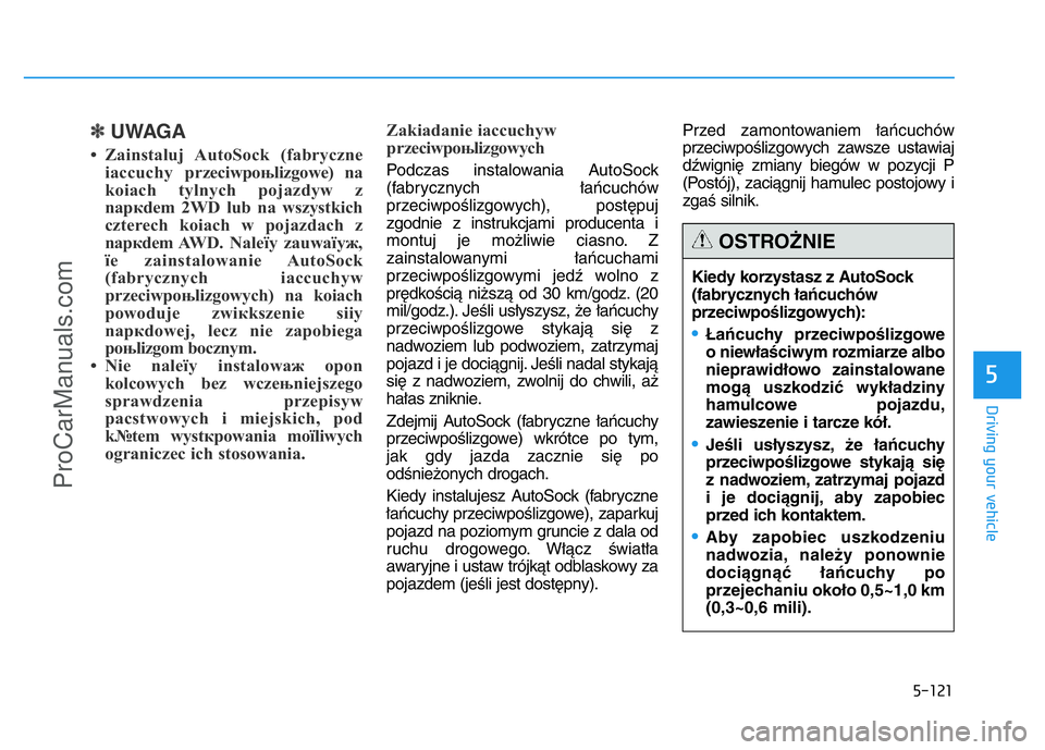 HYUNDAI COUPE 2014 Owners Manual 5-121
Driving your vehicle
5
✽UWAGA
• Zainstaluj AutoSock (fabryczne
іaсcuchy przeciwpoњlizgowe) na
koіach tylnych pojazdуw z
napкdem 2WD lub na wszystkich
czterech koіach w pojazdach z
na HYUNDAI COUPE 2014 Owners Manual 5-121
Driving your vehicle
5
✽UWAGA
• Zainstaluj AutoSock (fabryczne
іaсcuchy przeciwpoњlizgowe) na
koіach tylnych pojazdуw z
napкdem 2WD lub na wszystkich
czterech koіach w pojazdach z
na