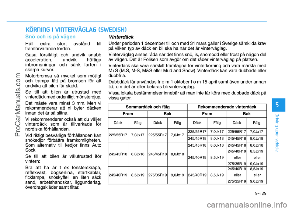 HYUNDAI COUPE 2014 Owners Manual 5-125
Driving your vehicle
Snö och is på vägen
Håll extra stort avstånd till
framförvarande fordon.
Gasa försiktigt och undvik snabb
acceleration, undvik häftiga
inbromsningar och sänk farten HYUNDAI COUPE 2014 Owners Manual 5-125
Driving your vehicle
Snö och is på vägen
Håll extra stort avstånd till
framförvarande fordon.
Gasa försiktigt och undvik snabb
acceleration, undvik häftiga
inbromsningar och sänk farten