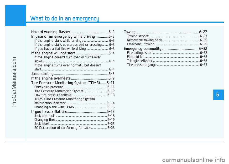 HYUNDAI COUPE 2014  Owners Manual What to do in an emergency
Hazard warning flasher ........................................6-2
In case of an emergency while driving ..............6-3
If the engine stalls while driving ...............