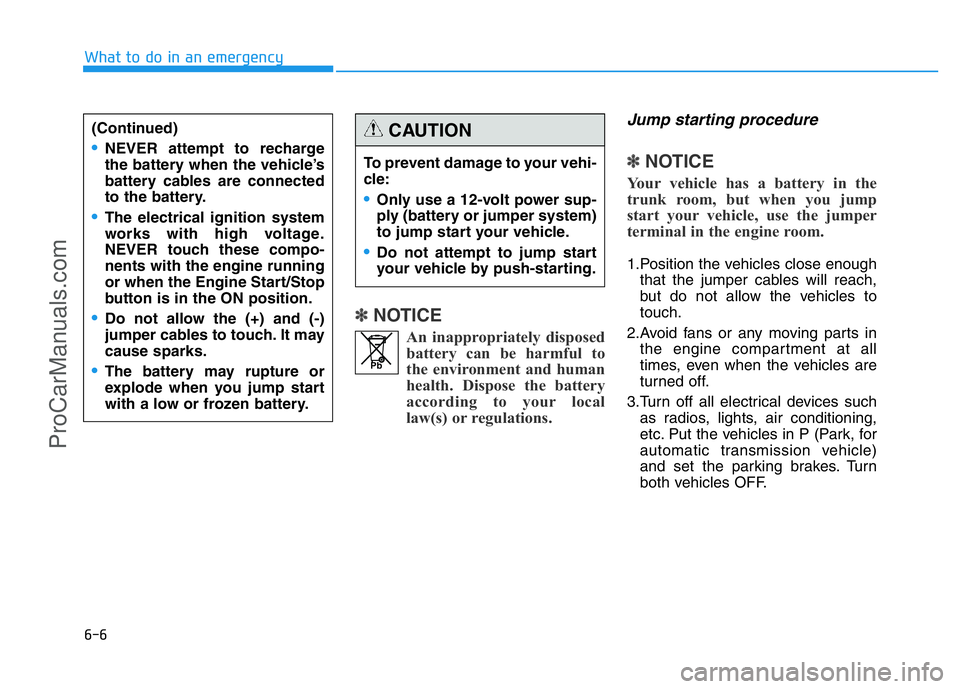 HYUNDAI COUPE 2014 Owners Manual 6-6
What to do in an emergency
✽NOTICE
An inappropriately disposed
battery can be harmful to
the environment and human
health. Dispose the battery
according to your local
law(s) or regulations.
Jump HYUNDAI COUPE 2014 Owners Manual 6-6
What to do in an emergency
✽NOTICE
An inappropriately disposed
battery can be harmful to
the environment and human
health. Dispose the battery
according to your local
law(s) or regulations.
Jump