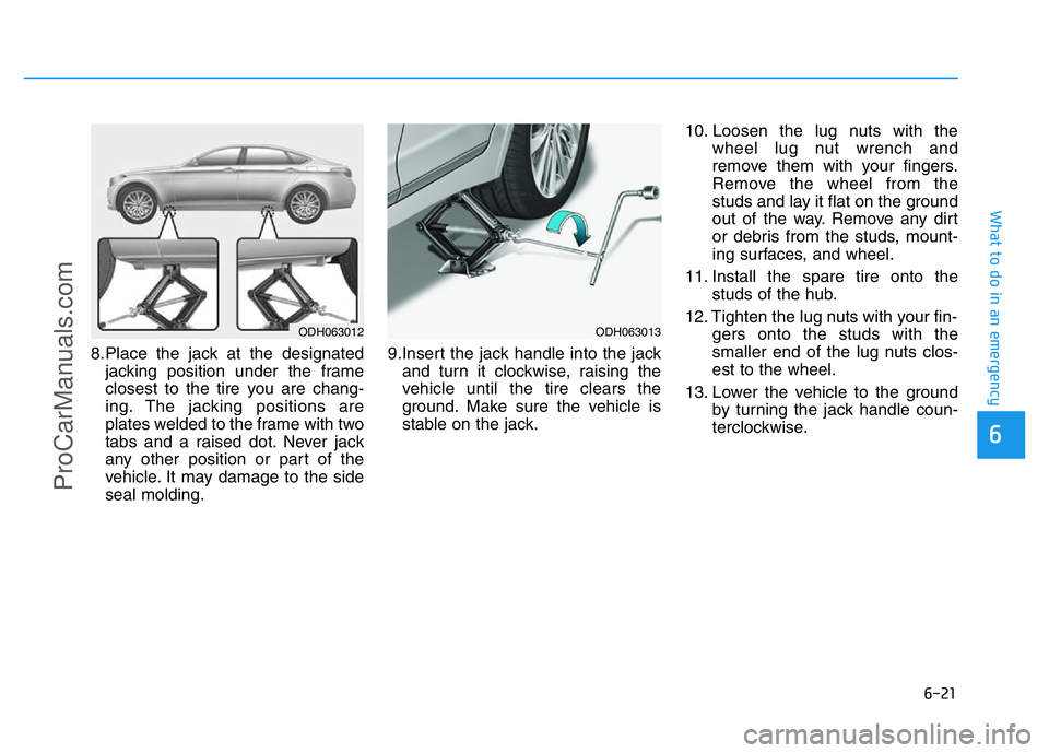 HYUNDAI COUPE 2014 Owners Manual 6-21
What to do in an emergency
6
8.Place the jack at the designated
jacking position under the frame
closest to the tire you are chang-
ing. The jacking positions are
plates welded to the frame with HYUNDAI COUPE 2014 Owners Manual 6-21
What to do in an emergency
6
8.Place the jack at the designated
jacking position under the frame
closest to the tire you are chang-
ing. The jacking positions are
plates welded to the frame with