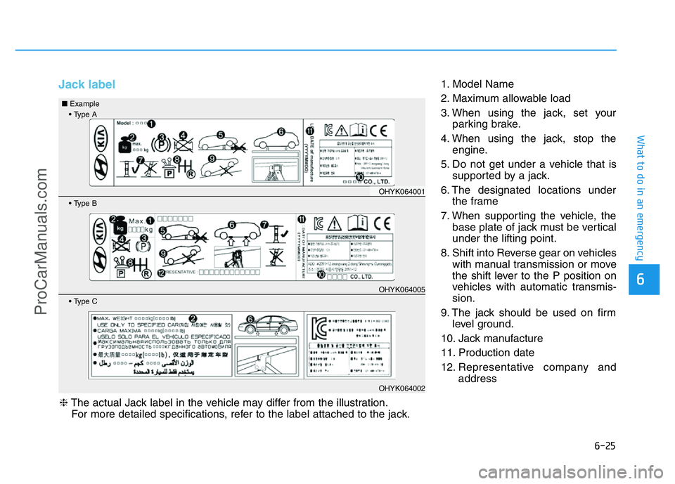 HYUNDAI COUPE 2014 Owners Manual 6-25
What to do in an emergency
6
Jack label1. Model Name
2. Maximum allowable load
3. When using the jack, set your
parking brake.
4. When using the jack, stop the
engine.
5. Do not get under a vehic HYUNDAI COUPE 2014 Owners Manual 6-25
What to do in an emergency
6
Jack label1. Model Name
2. Maximum allowable load
3. When using the jack, set your
parking brake.
4. When using the jack, stop the
engine.
5. Do not get under a vehic
