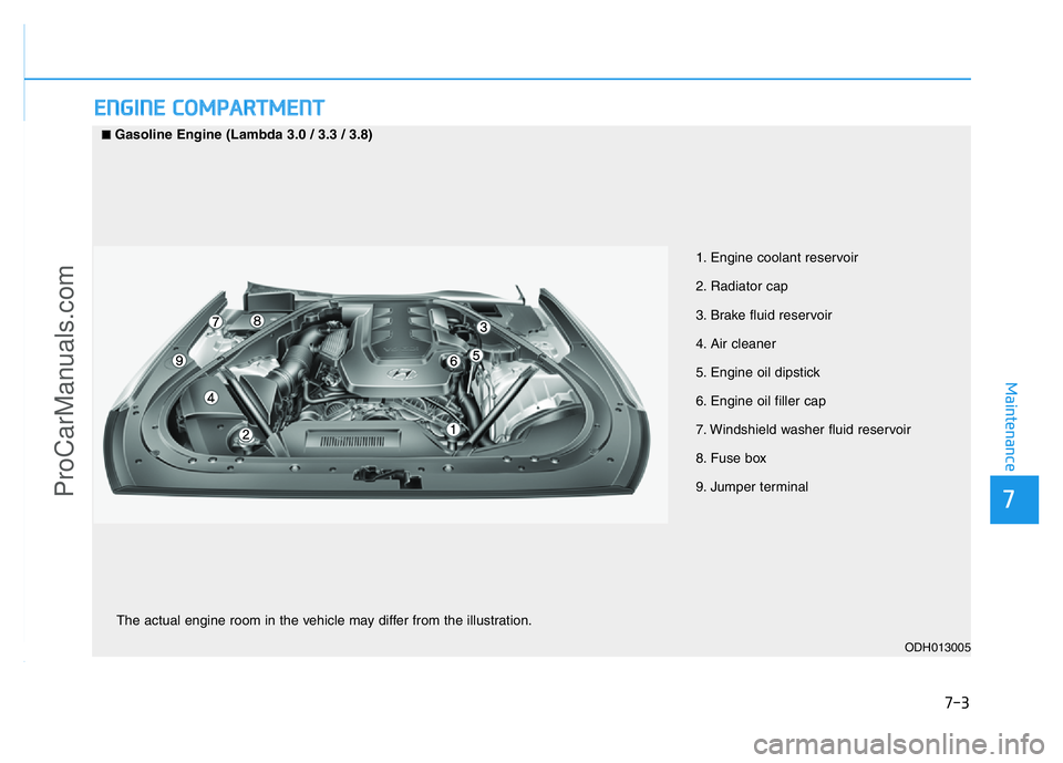 HYUNDAI COUPE 2014 Owners Manual 7-3
7
Maintenance
ENGINE COMPARTMENT
1. Engine coolant reservoir
2. Radiator cap
3. Brake fluid reservoir
4. Air cleaner
5. Engine oil dipstick
6. Engine oil filler cap
7. Windshield washer fluid res HYUNDAI COUPE 2014 Owners Manual 7-3
7
Maintenance
ENGINE COMPARTMENT
1. Engine coolant reservoir
2. Radiator cap
3. Brake fluid reservoir
4. Air cleaner
5. Engine oil dipstick
6. Engine oil filler cap
7. Windshield washer fluid res