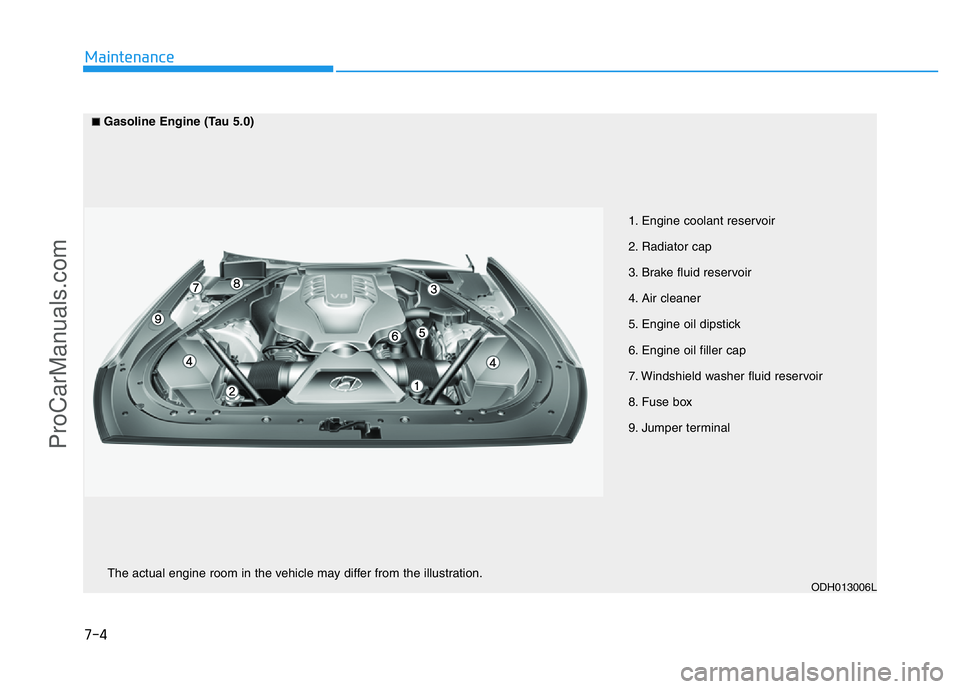 HYUNDAI COUPE 2014 Owners Manual 7-4
Maintenance
1. Engine coolant reservoir
2. Radiator cap
3. Brake fluid reservoir
4. Air cleaner
5. Engine oil dipstick
6. Engine oil filler cap
7. Windshield washer fluid reservoir
8. Fuse box
9. HYUNDAI COUPE 2014 Owners Manual 7-4
Maintenance
1. Engine coolant reservoir
2. Radiator cap
3. Brake fluid reservoir
4. Air cleaner
5. Engine oil dipstick
6. Engine oil filler cap
7. Windshield washer fluid reservoir
8. Fuse box
9.