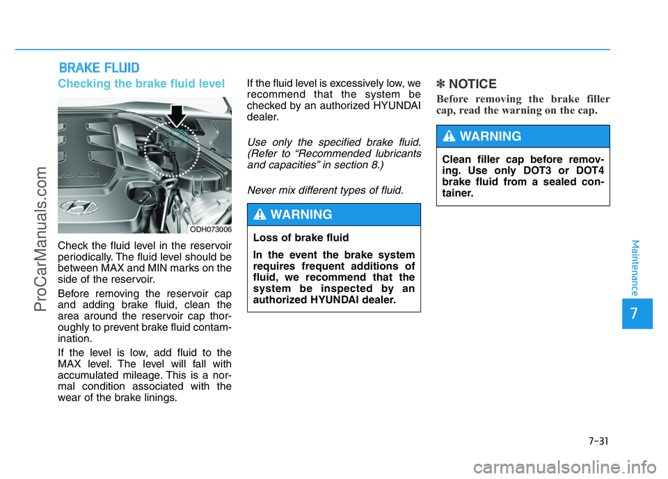 HYUNDAI COUPE 2014 Owners Manual 7-31
7
Maintenance
BRAKE FLUID
Checking the brake fluid level
Check the fluid level in the reservoir
periodically. The fluid level should be
between MAX and MIN marks on the
side of the reservoir.
B HYUNDAI COUPE 2014 Owners Manual 7-31
7
Maintenance
BRAKE FLUID
Checking the brake fluid level
Check the fluid level in the reservoir
periodically. The fluid level should be
between MAX and MIN marks on the
side of the reservoir.
B