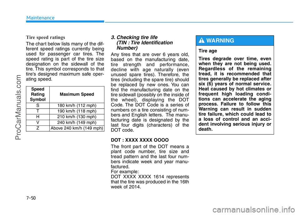 HYUNDAI COUPE 2014 Owners Manual 7-50
Maintenance
Tire speed ratings
The chart below lists many of the dif-
ferent speed ratings currently being
used for passenger car tires. The
speed rating is part of the tire size
designation on HYUNDAI COUPE 2014 Owners Manual 7-50
Maintenance
Tire speed ratings
The chart below lists many of the dif-
ferent speed ratings currently being
used for passenger car tires. The
speed rating is part of the tire size
designation on