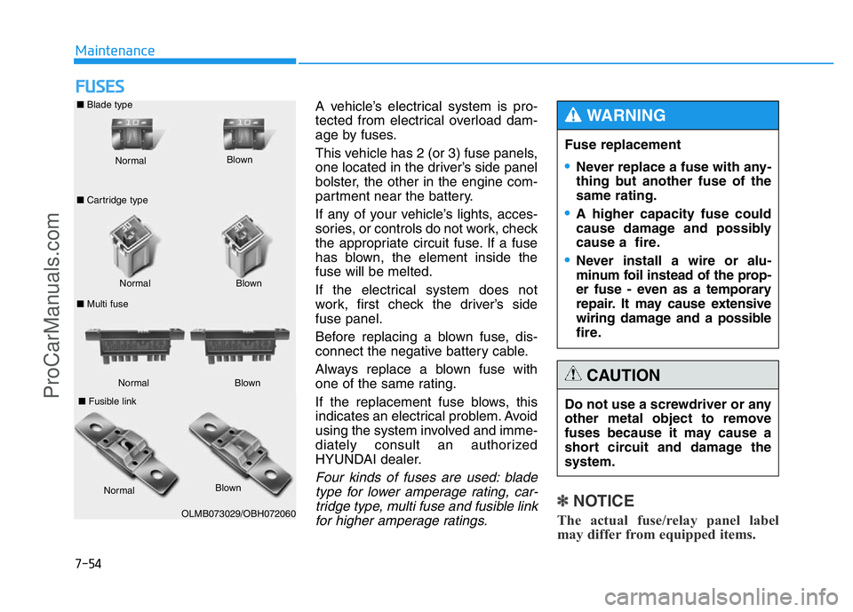 HYUNDAI COUPE 2014 Owners Manual 7-54
Maintenance
FUSES
A vehicle’s electrical system is pro-
tected from electrical overload dam-
age by fuses.
This vehicle has 2 (or 3) fuse panels,
one located in the driver’s side panel
bolste HYUNDAI COUPE 2014 Owners Manual 7-54
Maintenance
FUSES
A vehicle’s electrical system is pro-
tected from electrical overload dam-
age by fuses.
This vehicle has 2 (or 3) fuse panels,
one located in the driver’s side panel
bolste
