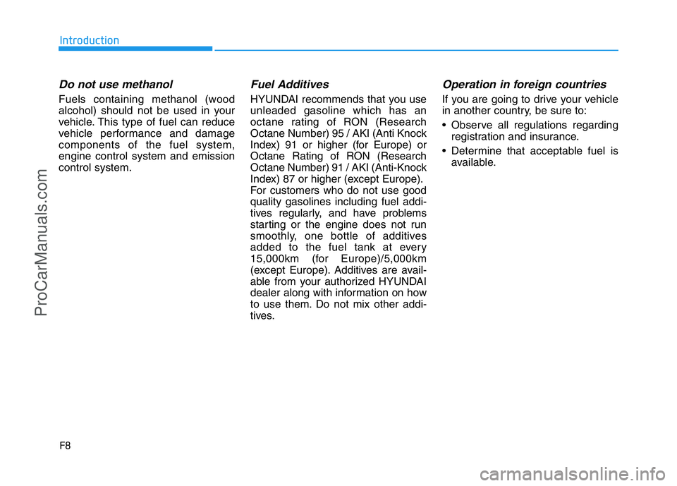 HYUNDAI COUPE 2014  Owners Manual F8
Introduction
Do not use methanol
Fuels containing methanol (wood
alcohol) should not be used in your
vehicle. This type of fuel can reduce
vehicle performance and damage
components of the fuel syst