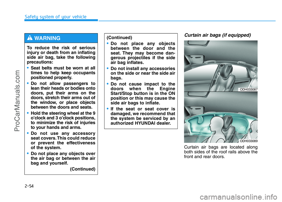 HYUNDAI COUPE 2014 Manual PDF 2-54
Safety system of your vehicle
Curtain air bags (if equipped) 
Curtain air bags are located along
both sides of the roof rails above the
front and rear doors. To reduce the risk of serious
injury 