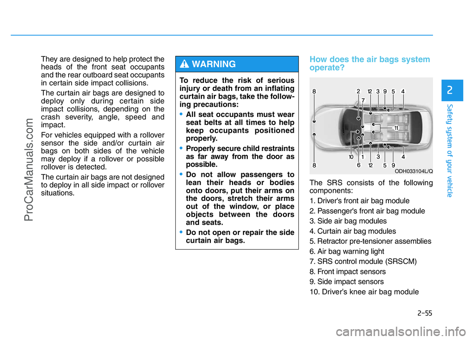 HYUNDAI COUPE 2014 Manual PDF 2-55
Safety system of your vehicle
2
Safety system of your vehicle
They are designed to help protect the
heads of the front seat occupants
and the rear outboard seat occupants
in certain side impact c