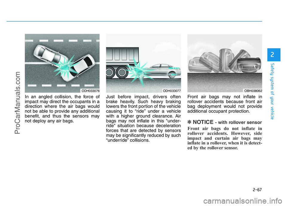 HYUNDAI COUPE 2014 Manual Online 2-67
Safety system of your vehicle
2
In an angled collision, the force of
impact may direct the occupants in a
direction where the air bags would
not be able to provide any additional
benefit, and thu