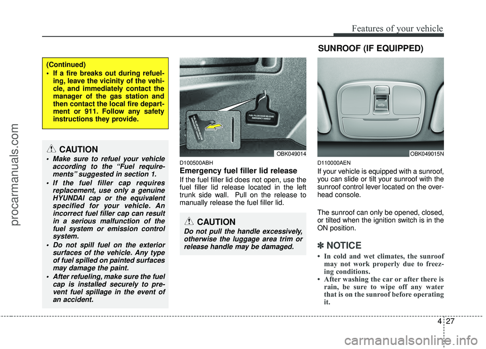 HYUNDAI COUPE 2012  Owners Manual 427
Features of your vehicle
D100500ABH
Emergency fuel filler lid release
If the fuel filler lid does not open, use the
fuel filler lid release located in the left
trunk side wall. Pull on the release