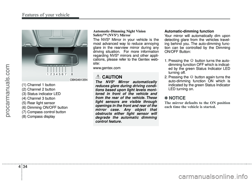 HYUNDAI COUPE 2012  Owners Manual Features of your vehicle
34
4
(1) Channel 1 button
(2) Channel 2 button
(3) Status indicator LED
(4) Channel 3 button
(5) Rear light sensor
(6) Dimming ON/OFF button
(7) Compass control button
(8) Com