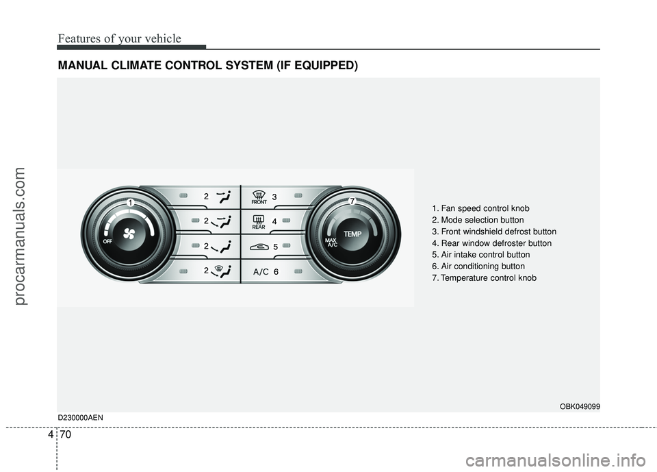 HYUNDAI COUPE 2012 Owners Manual Features of your vehicle
70
4
MANUAL CLIMATE CONTROL SYSTEM (IF EQUIPPED)
1. Fan speed control knob
2. Mode selection button
3. Front windshield defrost button
4. Rear window defroster button
5. Air i HYUNDAI COUPE 2012 Owners Manual Features of your vehicle
70
4
MANUAL CLIMATE CONTROL SYSTEM (IF EQUIPPED)
1. Fan speed control knob
2. Mode selection button
3. Front windshield defrost button
4. Rear window defroster button
5. Air i